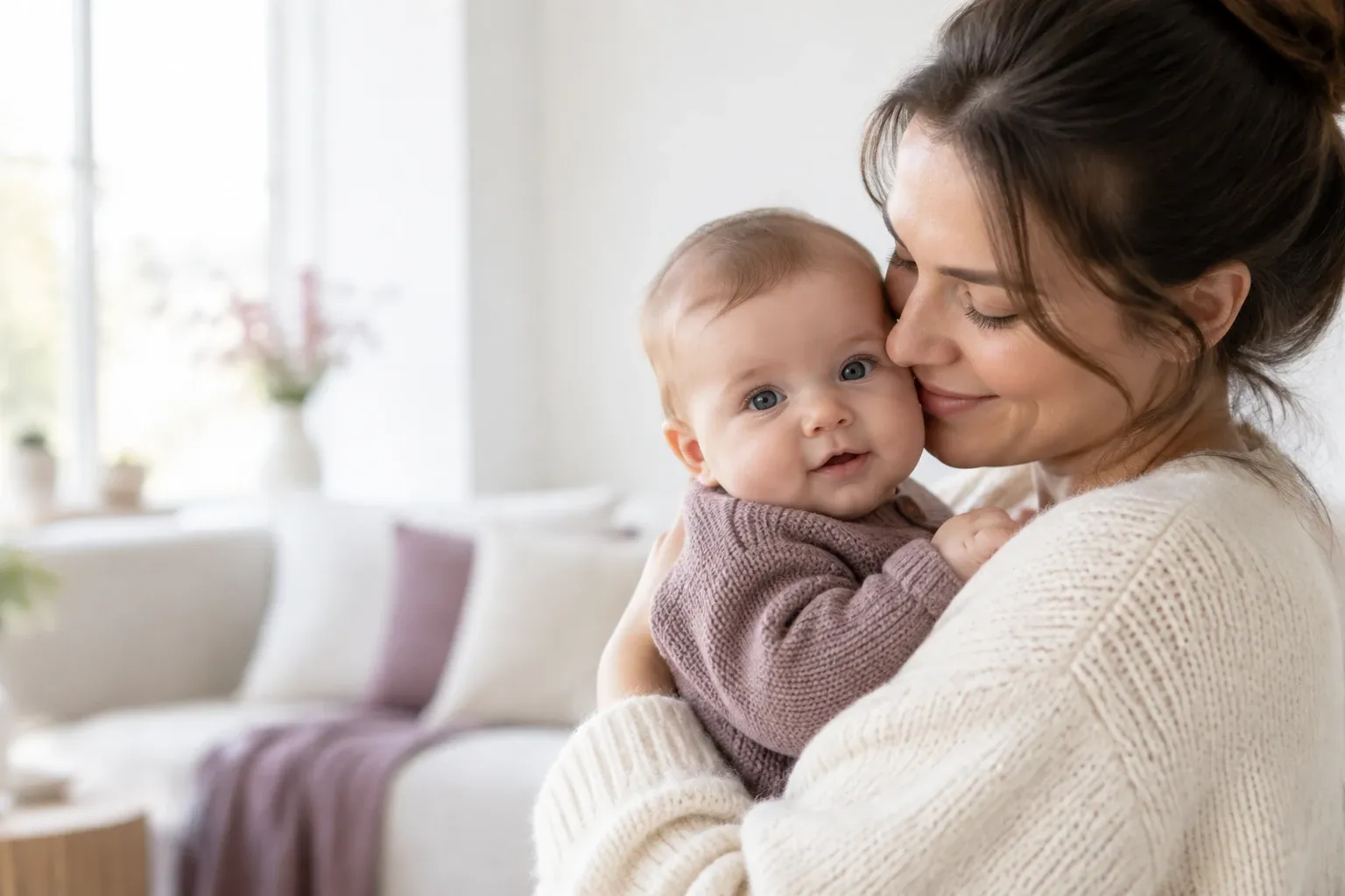 Jonge moeder in crèmewollen trui houdt baby tegen haar wang, lichte woonkamer achtergrond