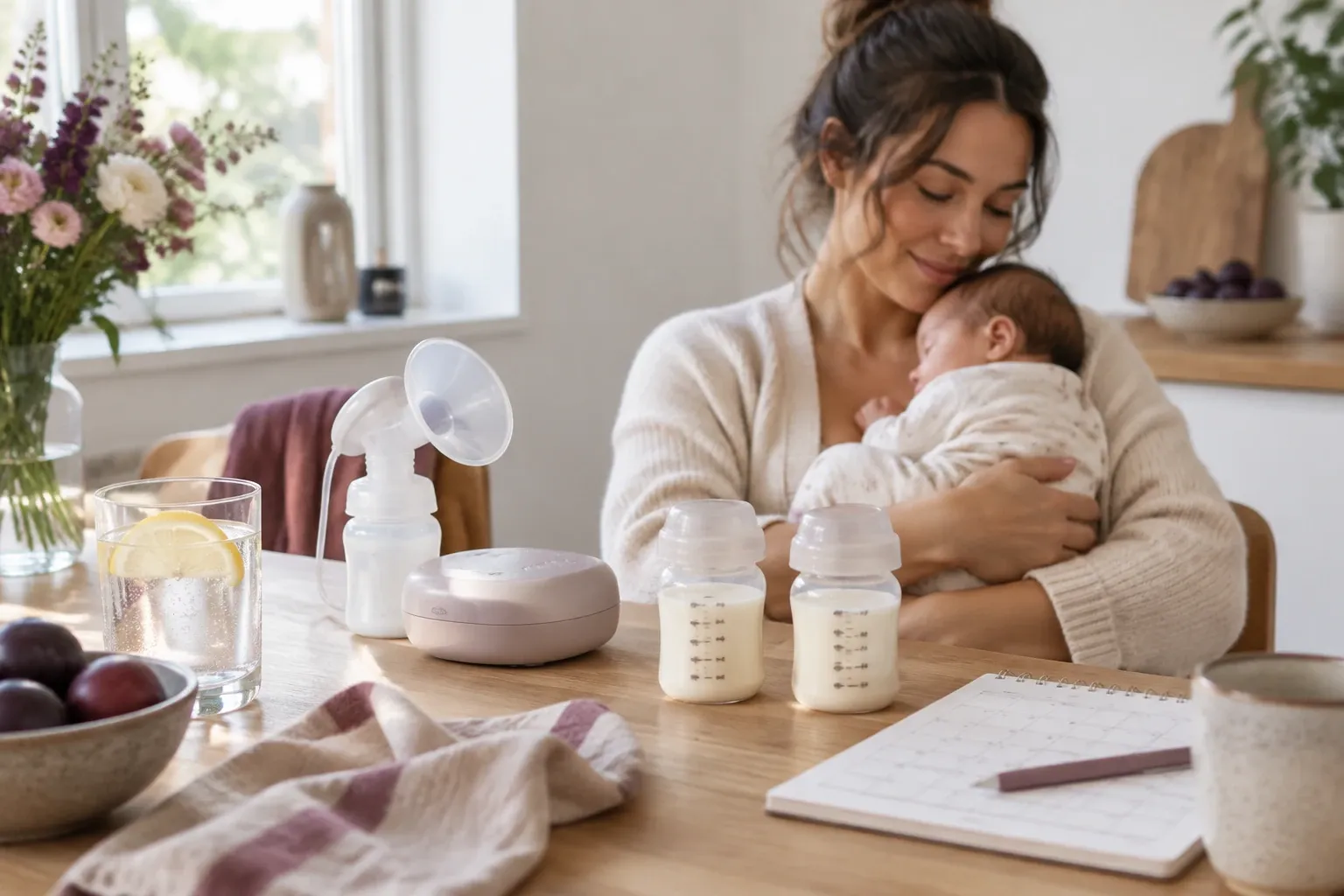Moeder knuffelt haar baby aan tafel met afkolfapparaat en flesjes moedermelk
