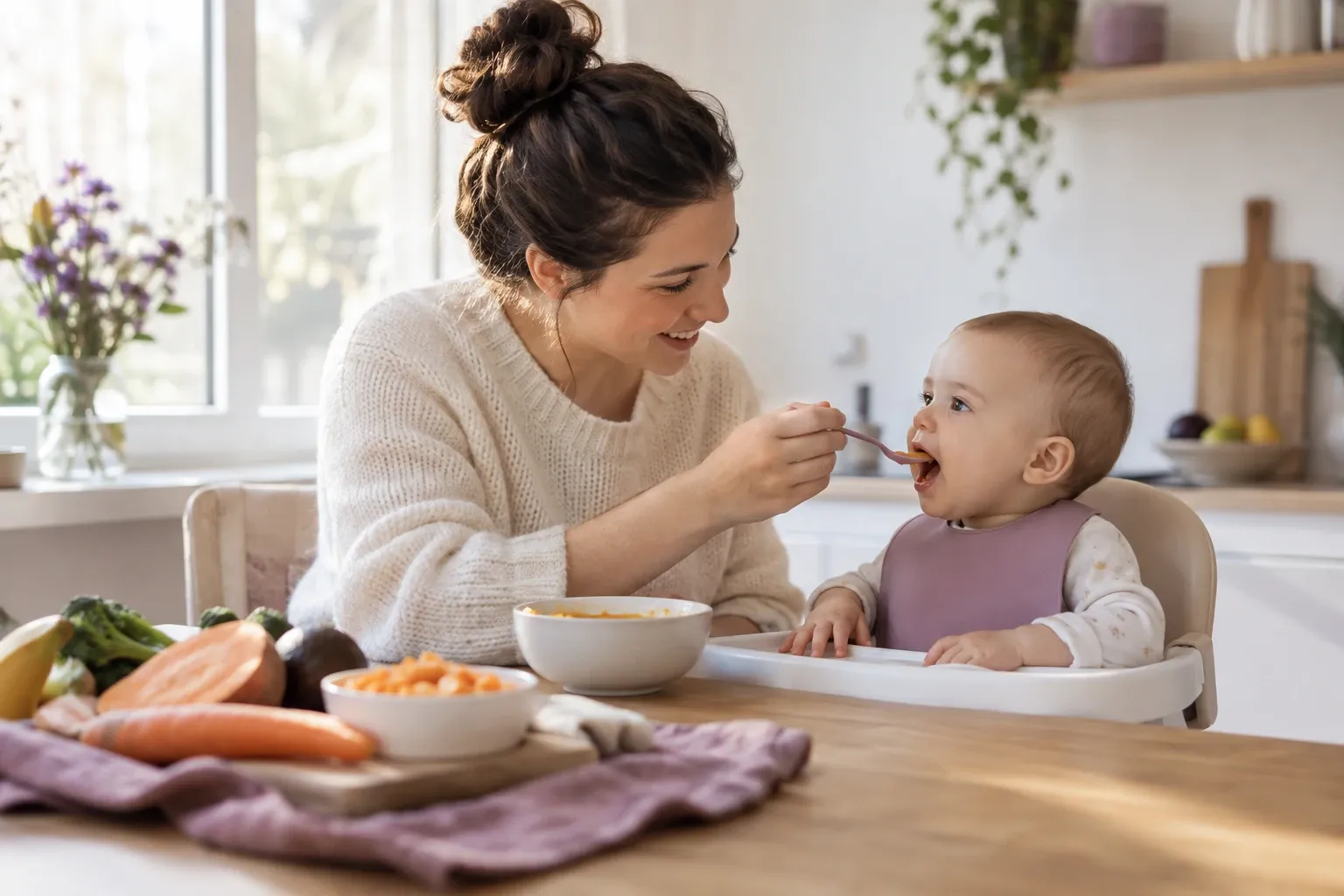 Moeder voert lachende baby met lepel; kom met gepureerde wortelhapjes zichtbaar