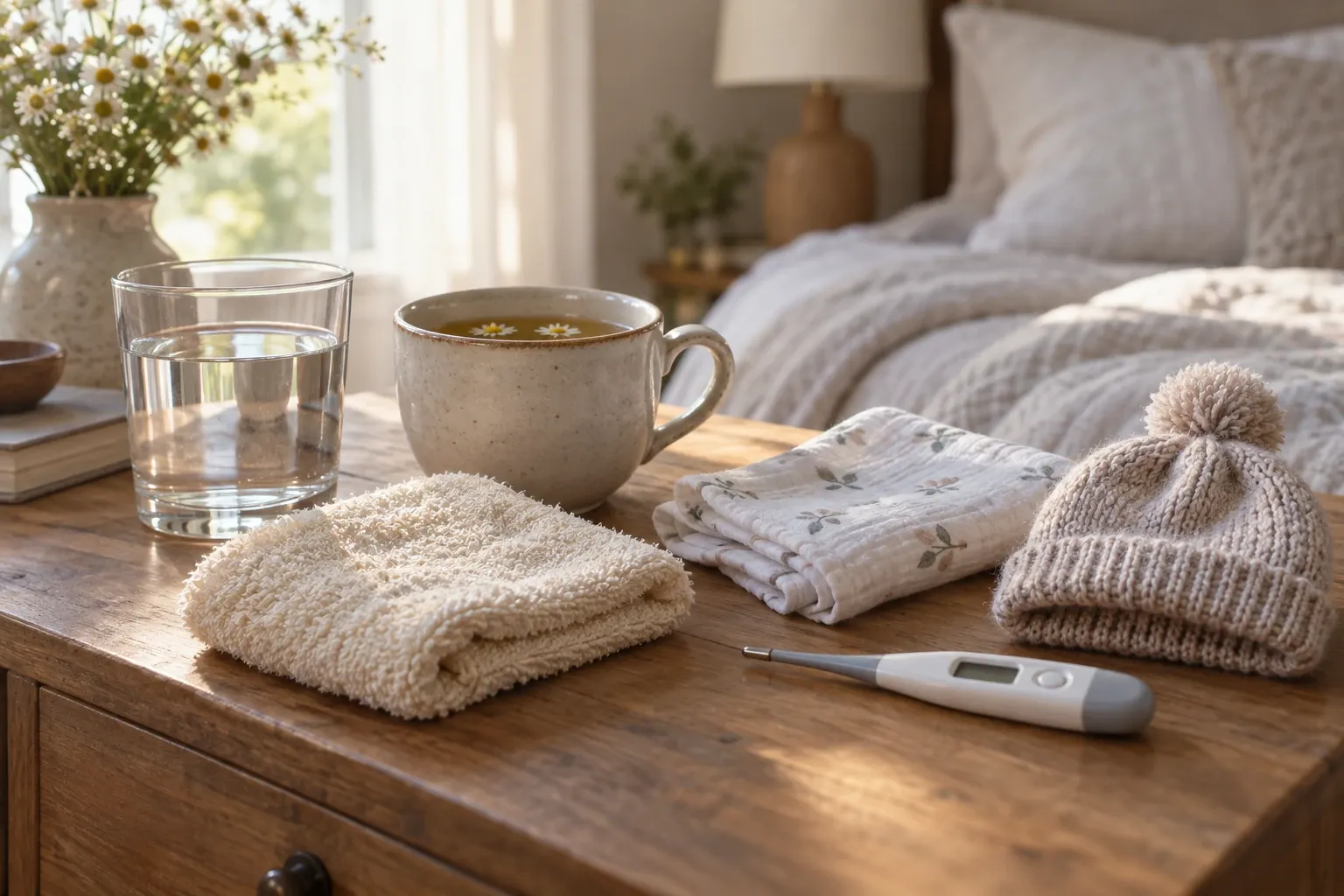 Nachttafeltje met kruidenthee, glas water, thermometer en warme doekjes in slaapkamer