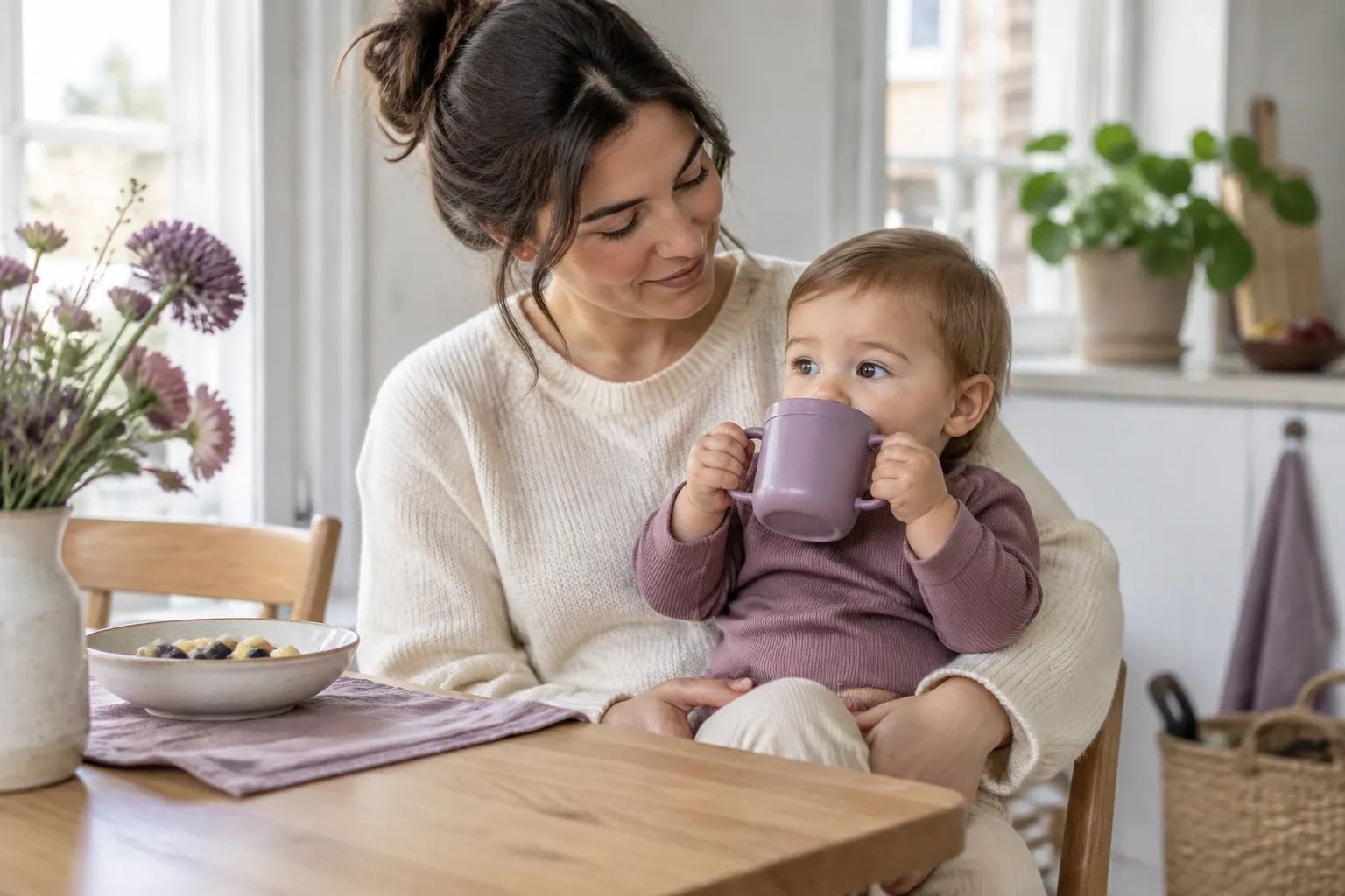 Staande moeder die baby op schoot heeft terwijl baby uit een mok drinkt