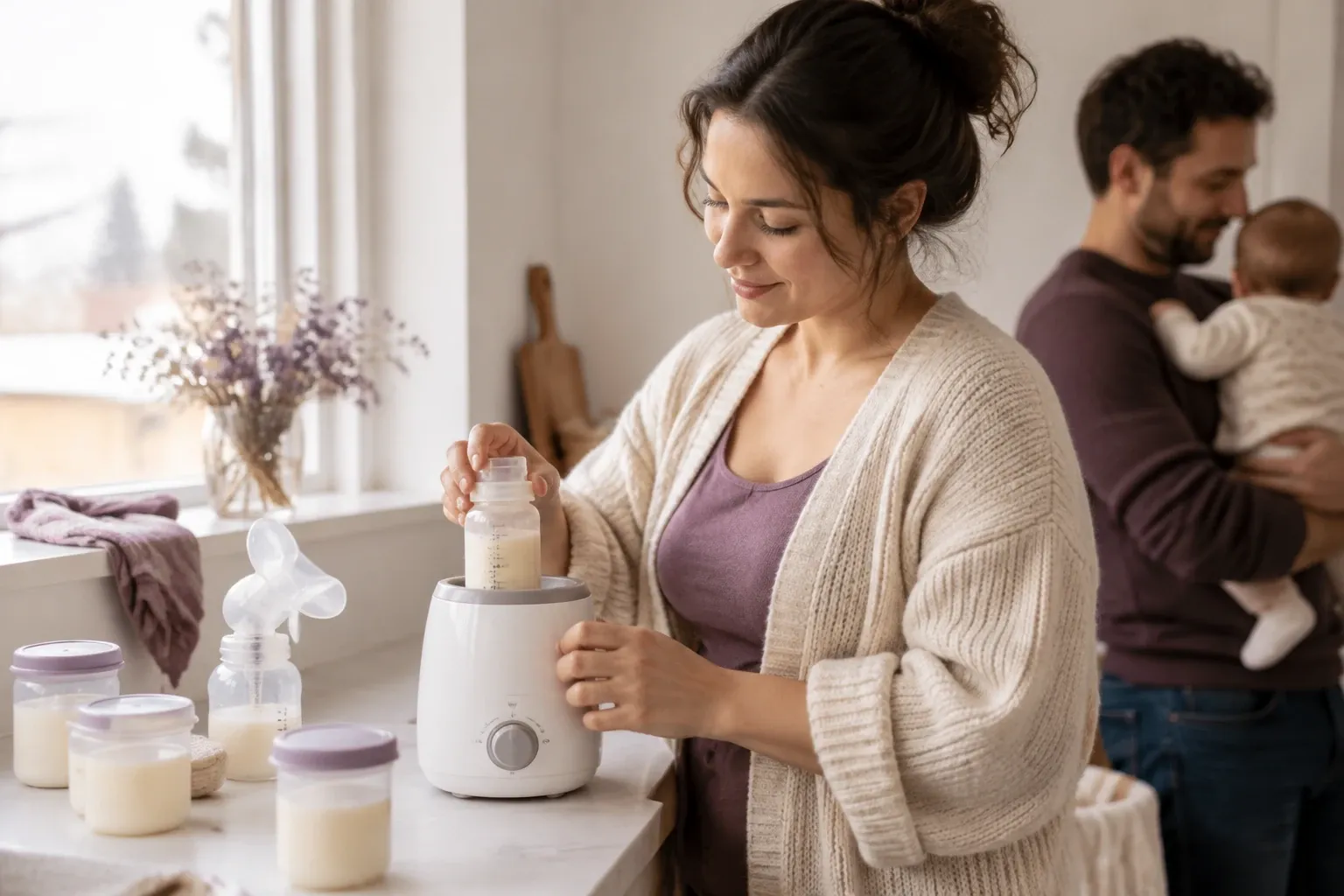 Vrouw verwarmt afgekolfde borstvoeding in flessenwarmer, man houdt baby op de achtergrond