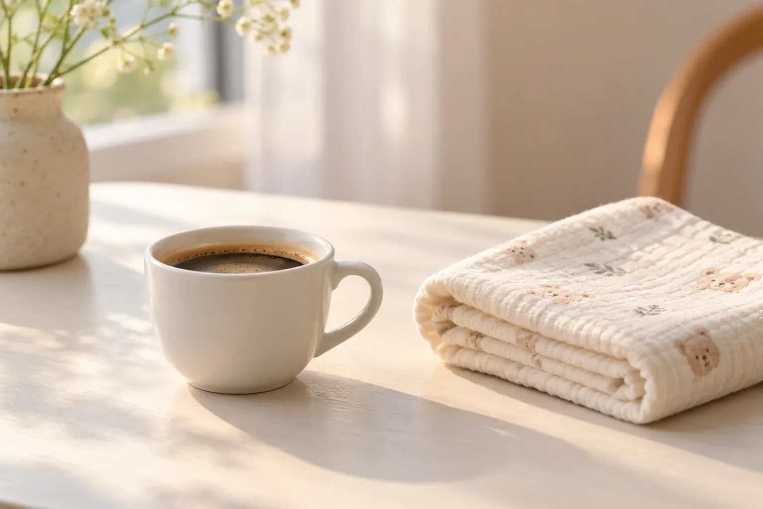 Kopje zwarte koffie naast opgevouwen babyhydrofiele doek op zonverlicht tafel