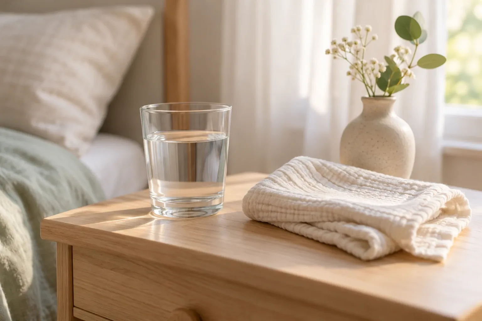 Glazen water op nachtkastje naast opgevouwen hydrofiel doek en vaasje met bloemen