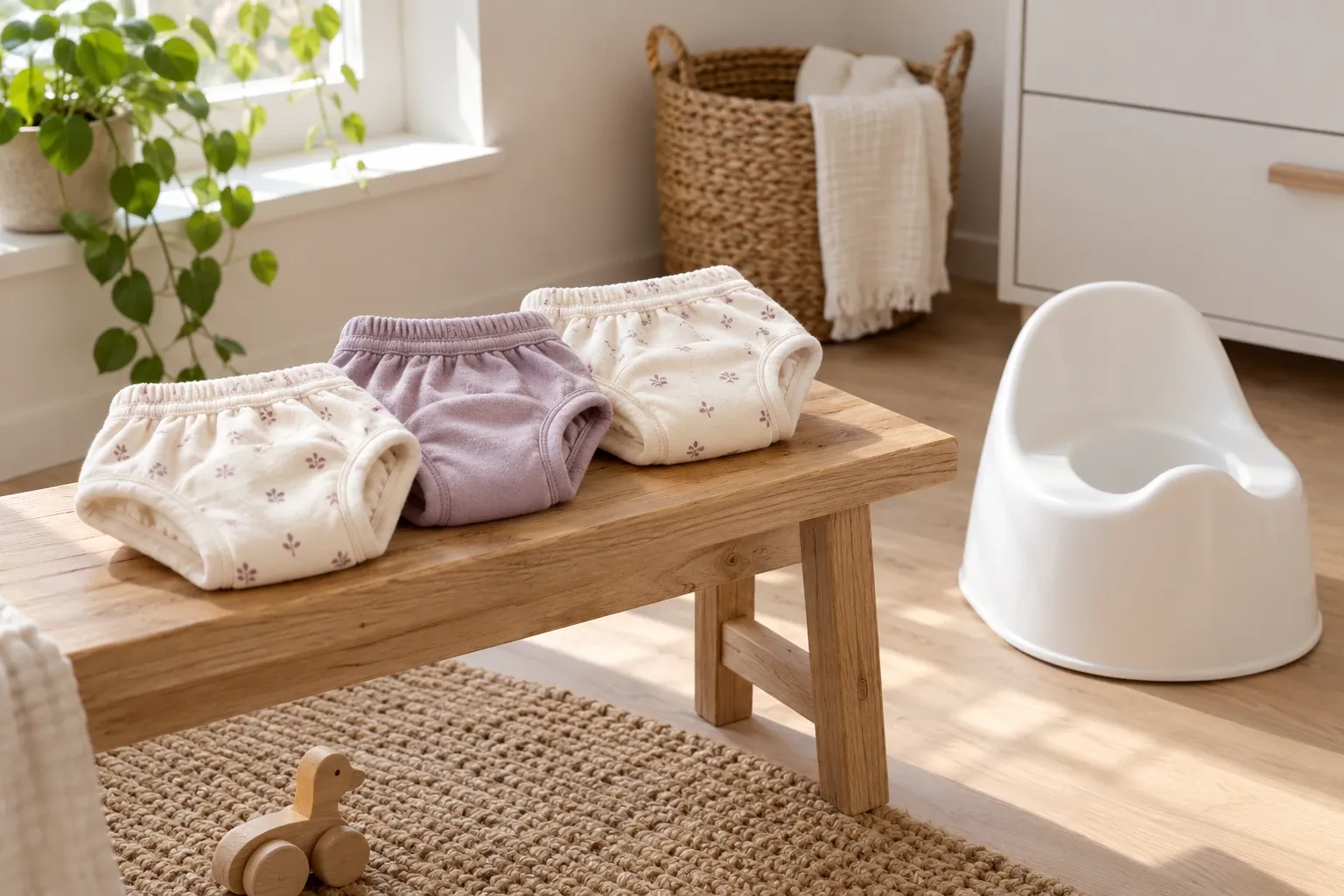 Drie oefenbroekjes (twee crème, één lila) op houten bankje naast kinderpotteetje