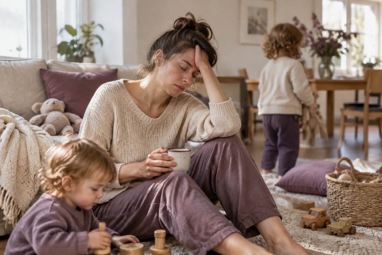 Moeë moeder zit op vloer met kopje, twee kleuters spelen rondom haar, rommelige woonkamer