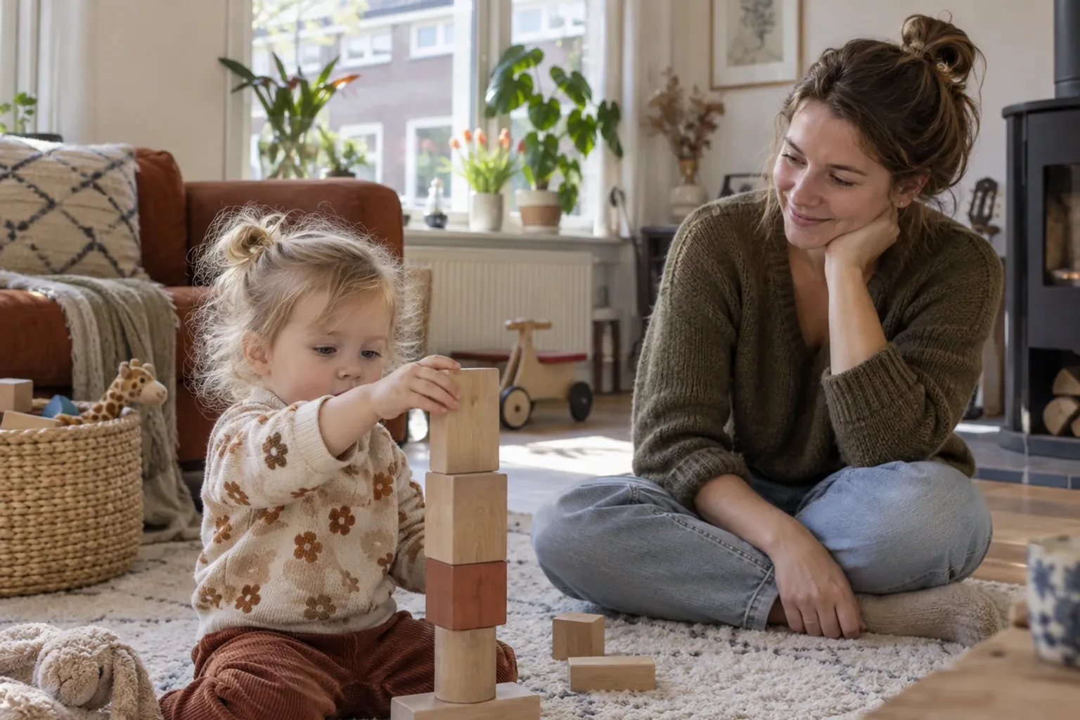 Peuter bouwt toren van houten blokken op vloerkleed terwijl ouder toekijkt