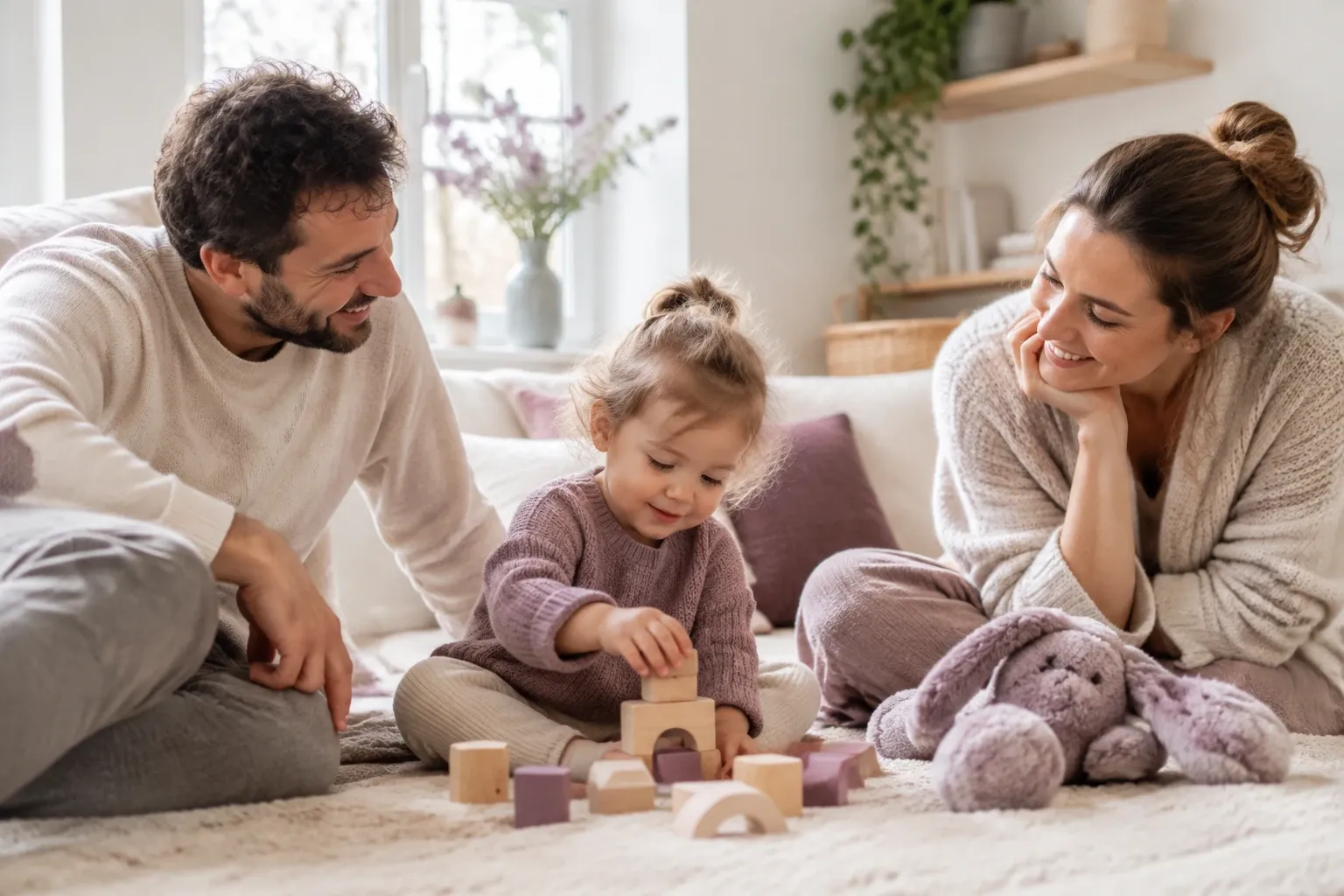 Ouders zittend op vloer kijken liefdevol naar peuter die blokken stapelt speelgoedkonijn naast hen