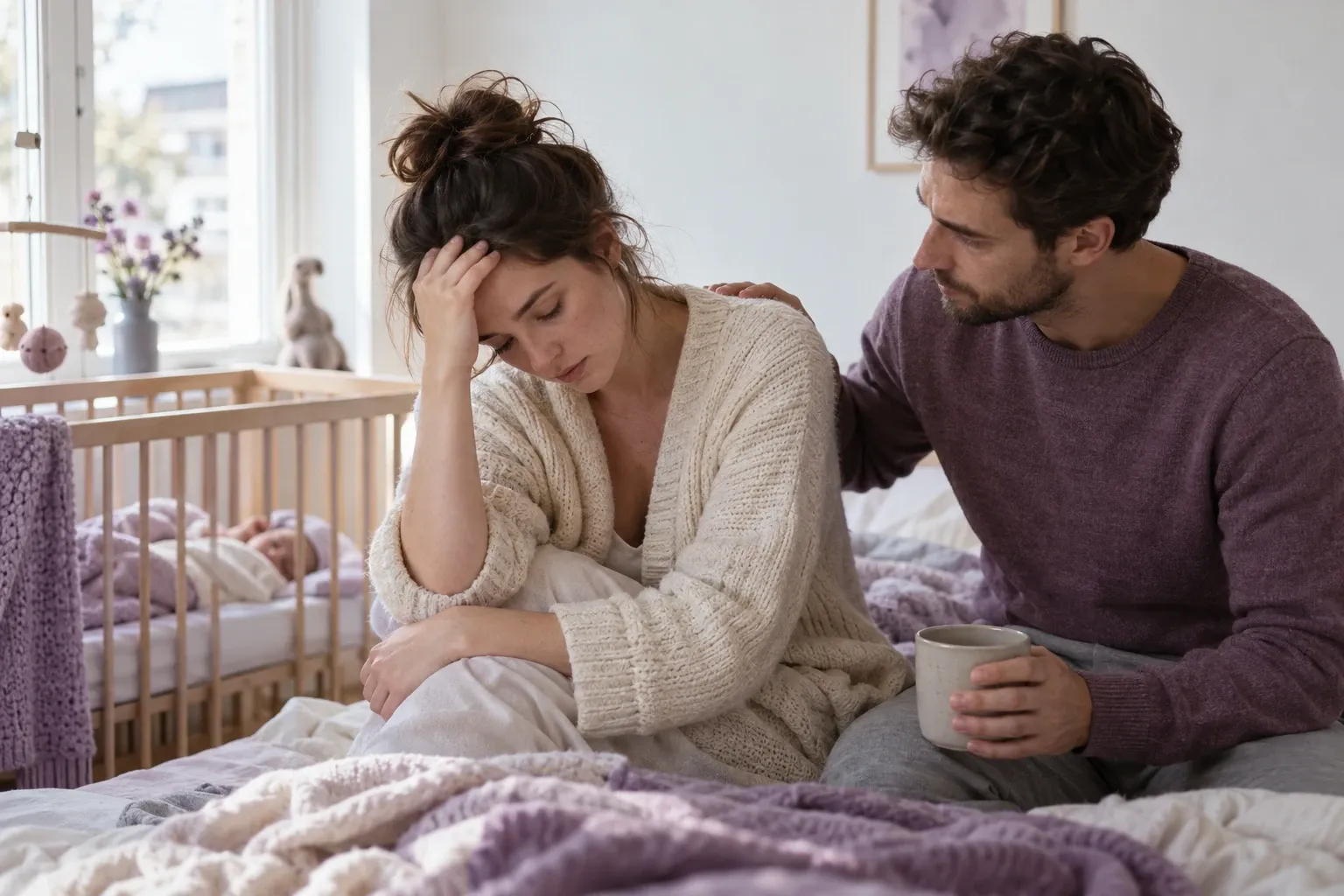Moe ogende vrouw op bed met hand aan hoofd, partner troost haar naast wiegend babybedje