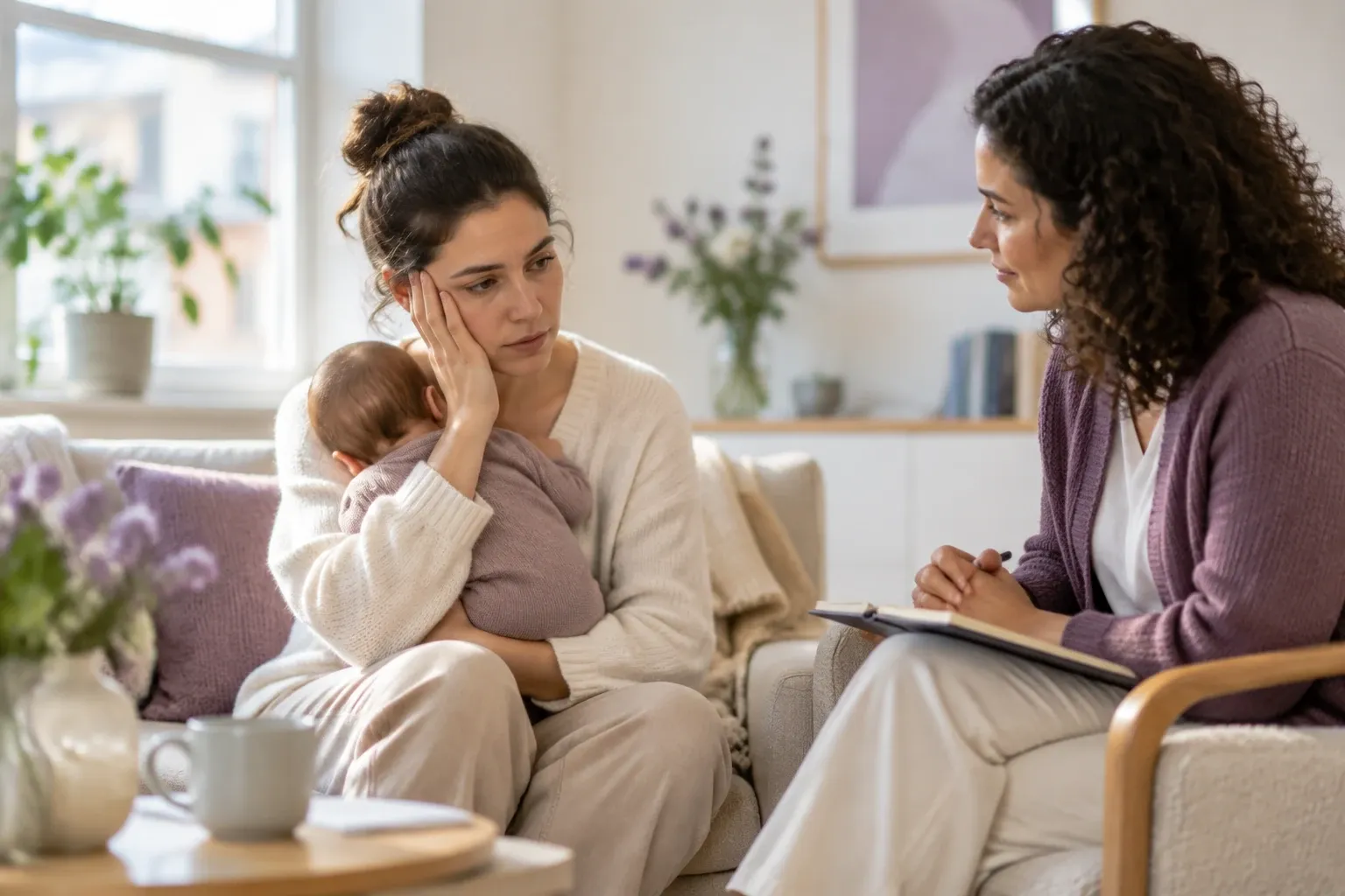 Vermoeide jonge moeder houdt baby terwijl ze met zorgverlener in gesprek is