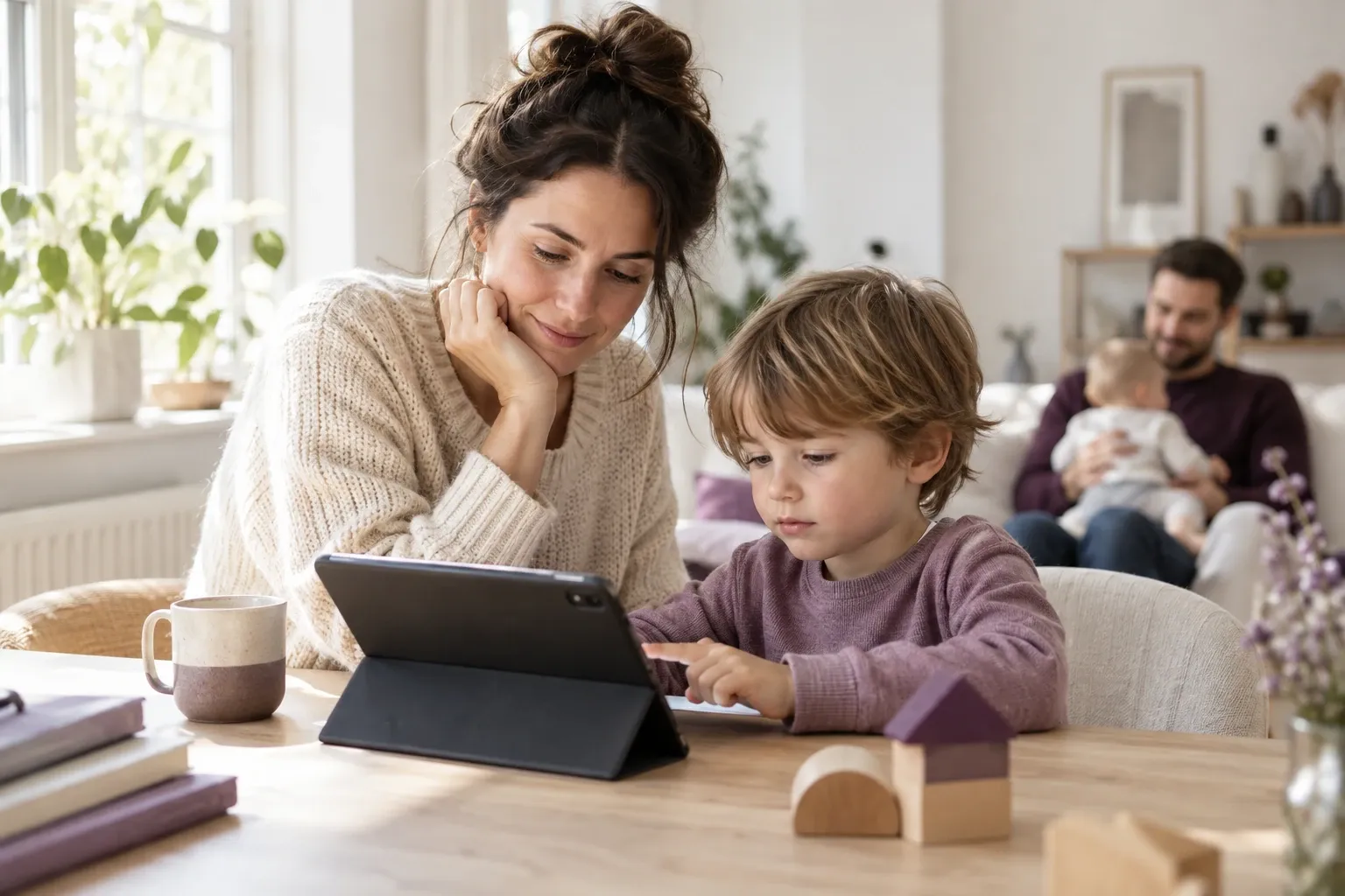 Moeder begeleidt peuter bij tablet gebruik aan tafel, vader houdt baby op de achtergrond