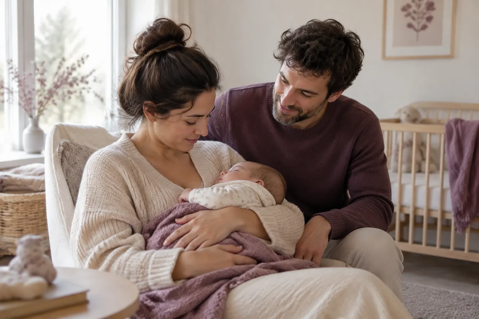 Moeder zittend met slapende baby in dekentje, vader kijkt liefdevol toe in babykamer