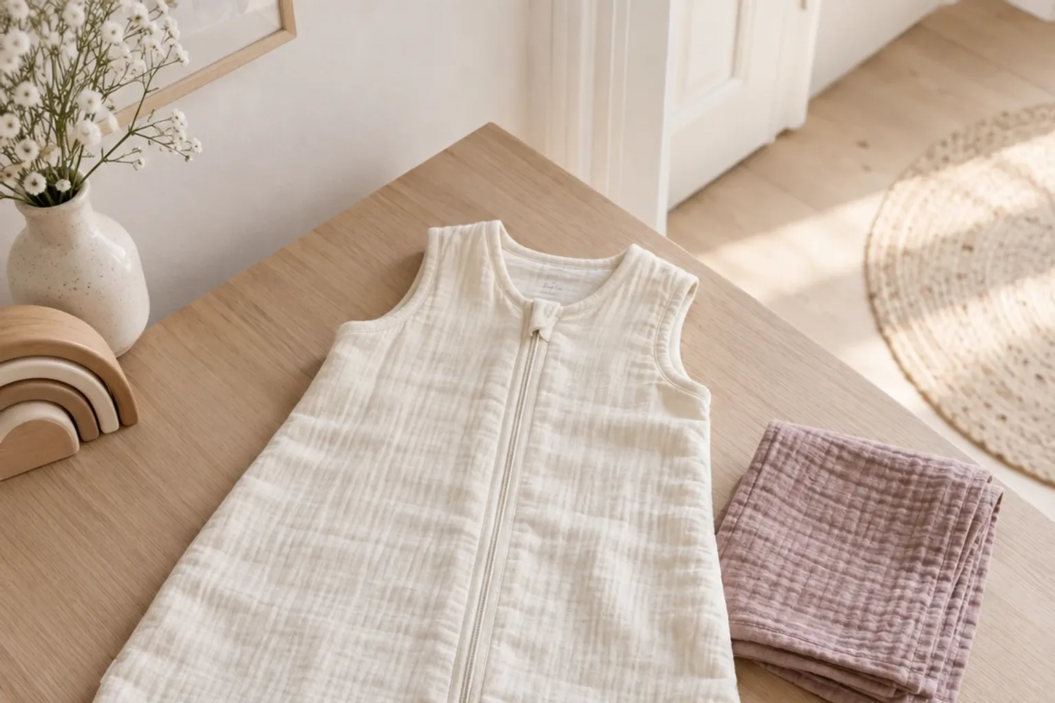 Ecru baby slaapzak met ritssluiting op houten tafel naast opgevouwen hydrofiele doek handenwas
